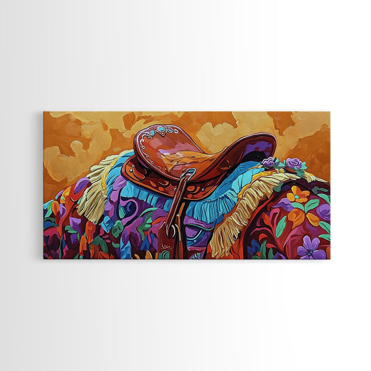 Western Saddle, cowboy art, rustic western decor, saddle painting, framed canvas print, boho art, extra wide art, gift idea him