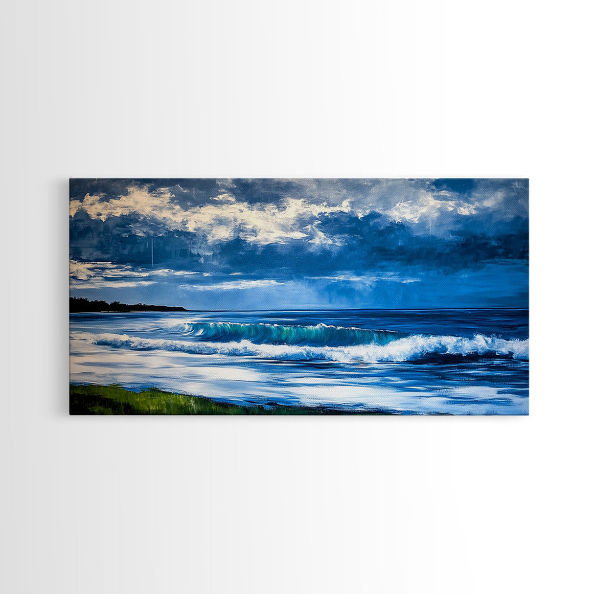 Ocean Waves, coastal decor, nautical painting, blue and green wall art, surf wall art, lake Tahoe art, Framed Canvas Print, panoramic art