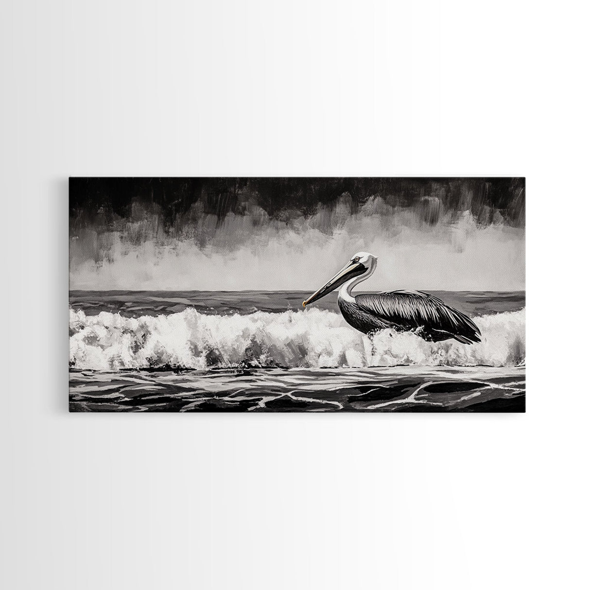 Pelican, coastal wall art, nautical painting, black and white art, seascape painting, ocean bird, Framed Canvas Print, beach decor