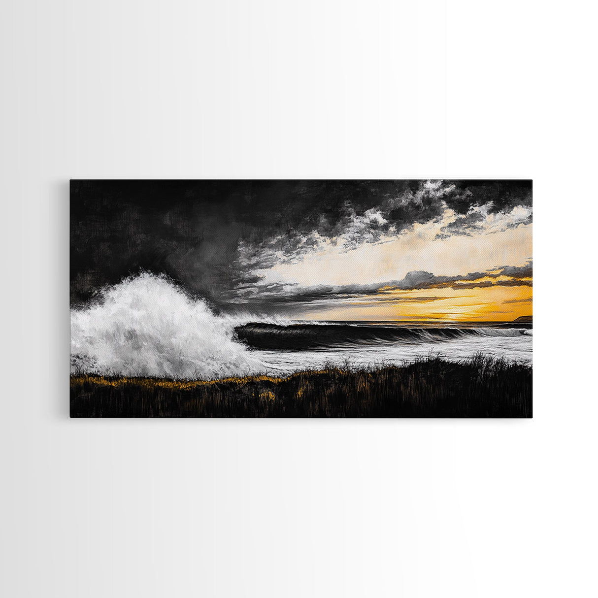 Ocean Waves, coastal wall art, nautical painting, seascape painting, moody art, extra wide art, framed canvas print, panoramic painting