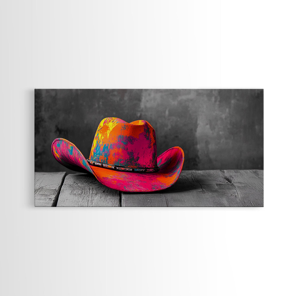 Vibrant Cowboy Hat Framed Canvas Print | Western Wall Art | Chicano Art | Moody Art | Southwest Decor | Rustic Art | Extra Wide Art