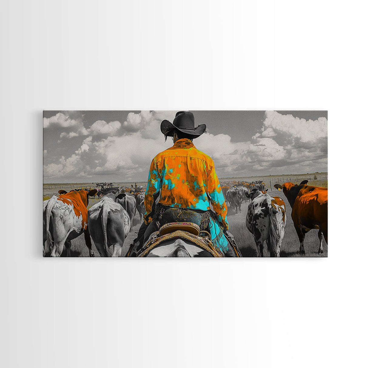 Western Cowboy Herding Canvas Print Rustic Wall Art Southwest Wall Art Black Cowgirl Painting Farmhouse Art Extra Wide Panoramic Art
