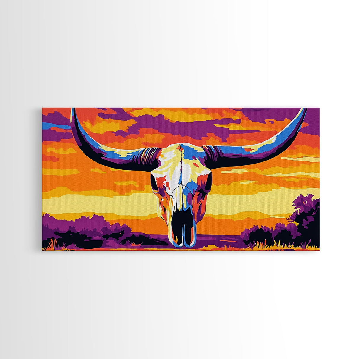 Skull, bull, desert art, cowboy decor, boho wall art, moody sunset, extra wide art, rustic decor, framed canvas print
