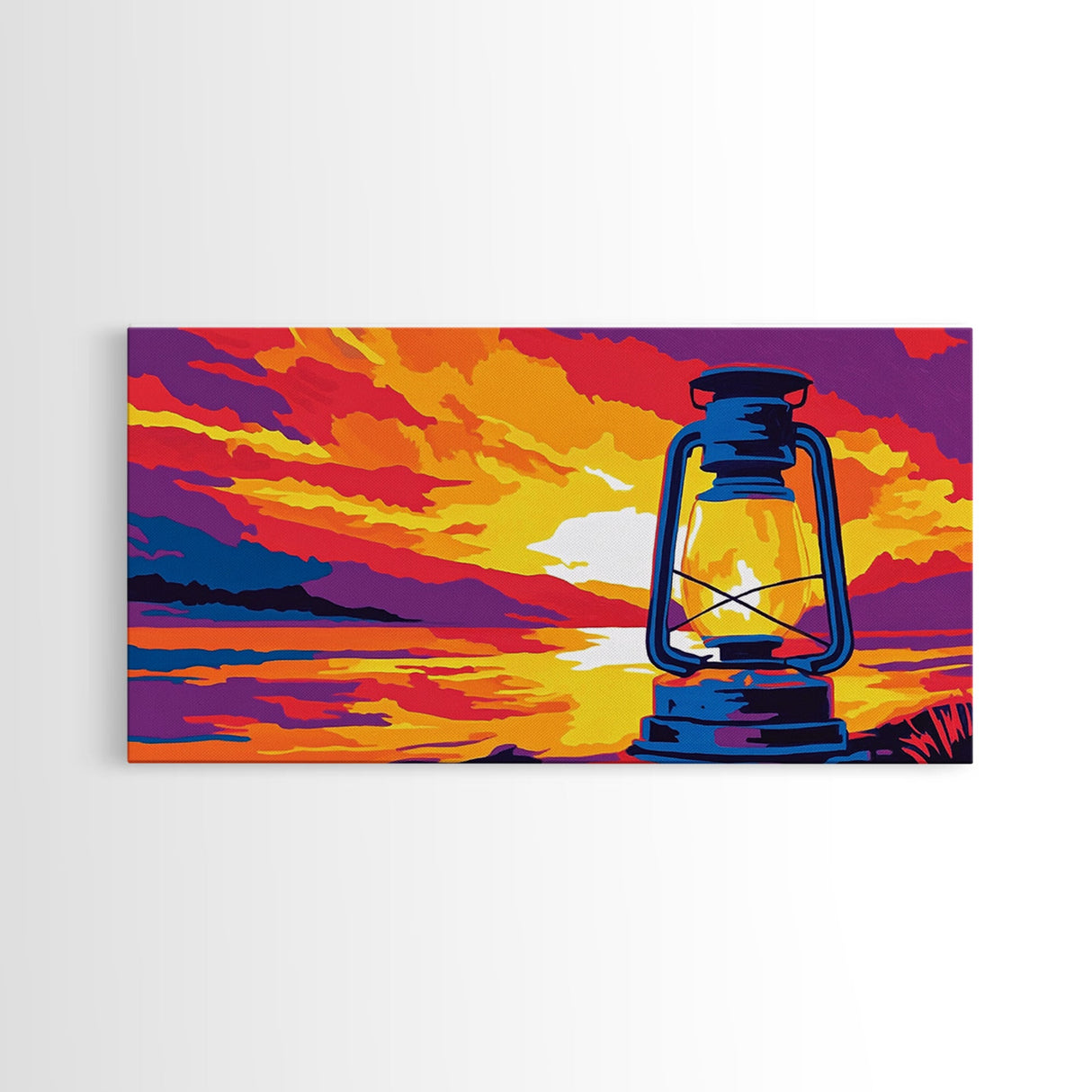 Lantern, rustic, western glow, vintage camping, cowboy night, scenic sunset, farmhouse wall art, extra wide art, canvas print