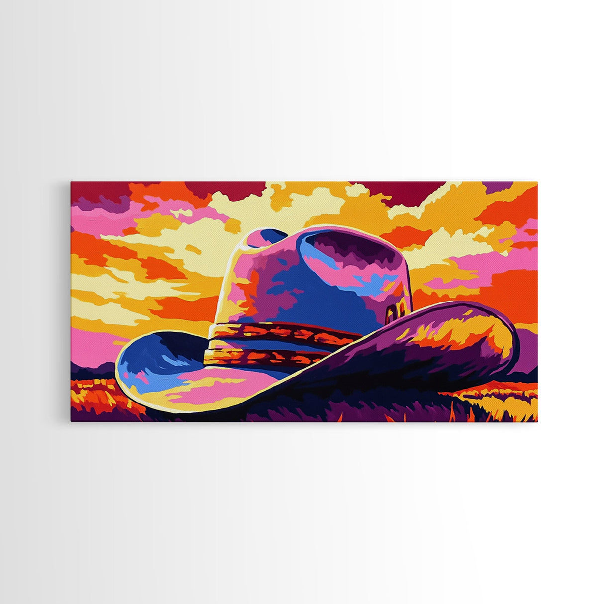 Cowboy hat, western decor, rustic style, bold colors, country aesthetic, southwest wall art, moody sunset, framed canvas print