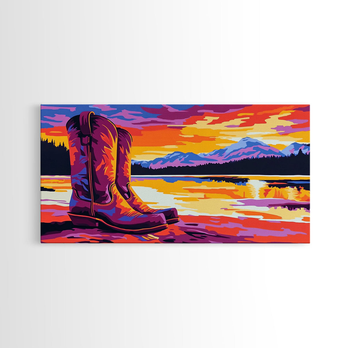 Cowboy boots, lake sunset, mountain painting, rustic western art, farmhouse decor, vibrant colors, extra wide art, canvas print