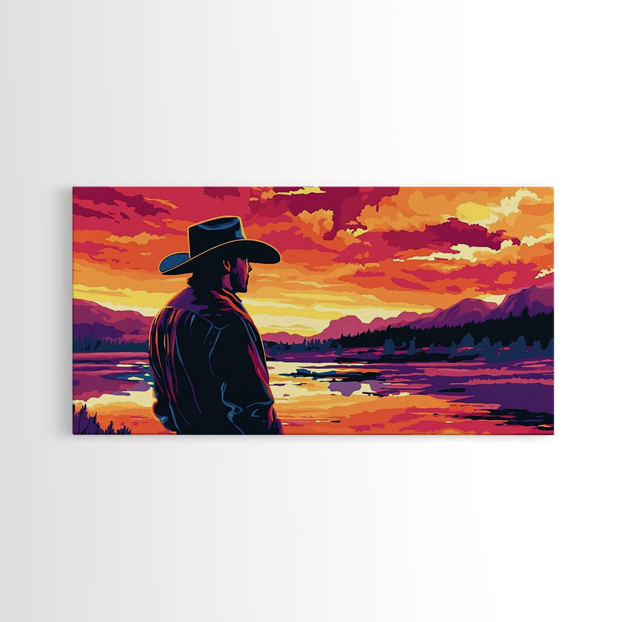 Cowboy Silhouette, Western Art, Southwest Wall Art, Rustic Decor, Moody Art, Framed Canvas Print, Gift Idea, Panoramic Art, Horizontal Wall Art