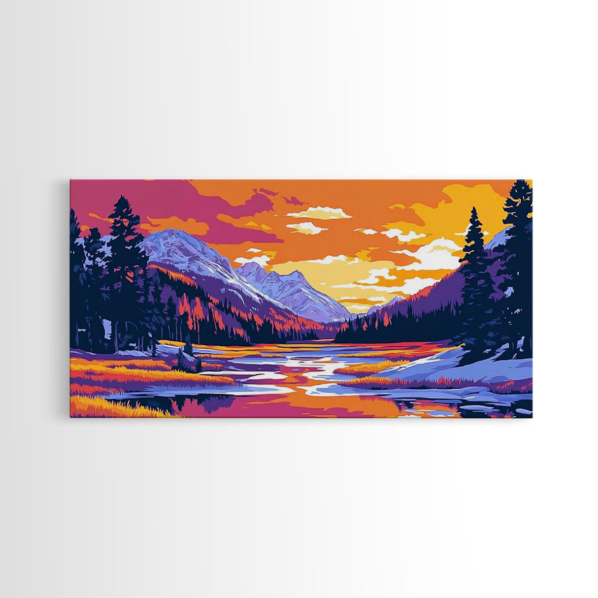 Lake Tahoe Art, mountain painting, scenic sunset print, southwest wall art, panoramic art, extra wide art, framed canvas print