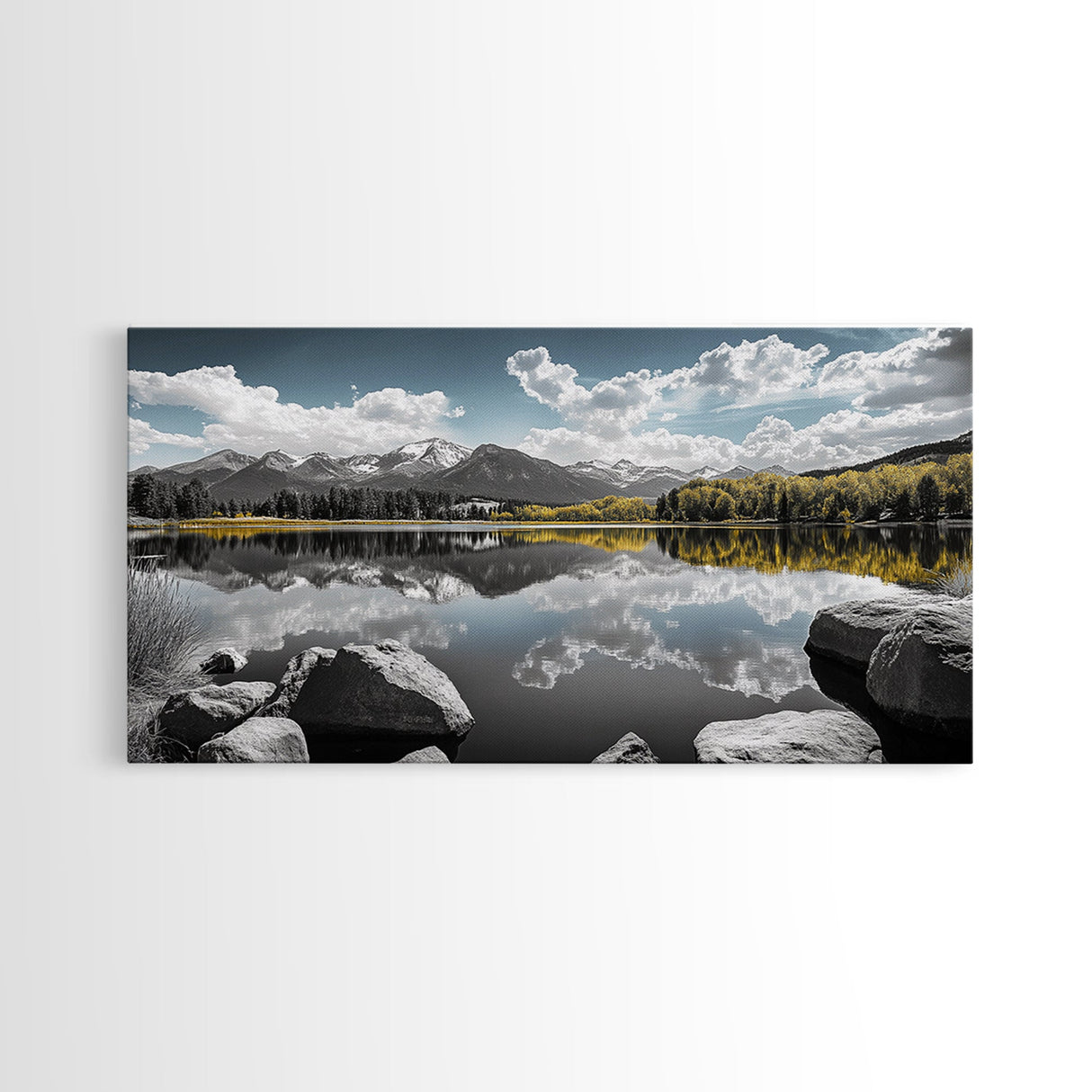 Majestic Lake Reflection Canvas Print Landscape Painting Mountain Painting Nature Wall Art Bedroom Art Extra Wide Panoramic Art