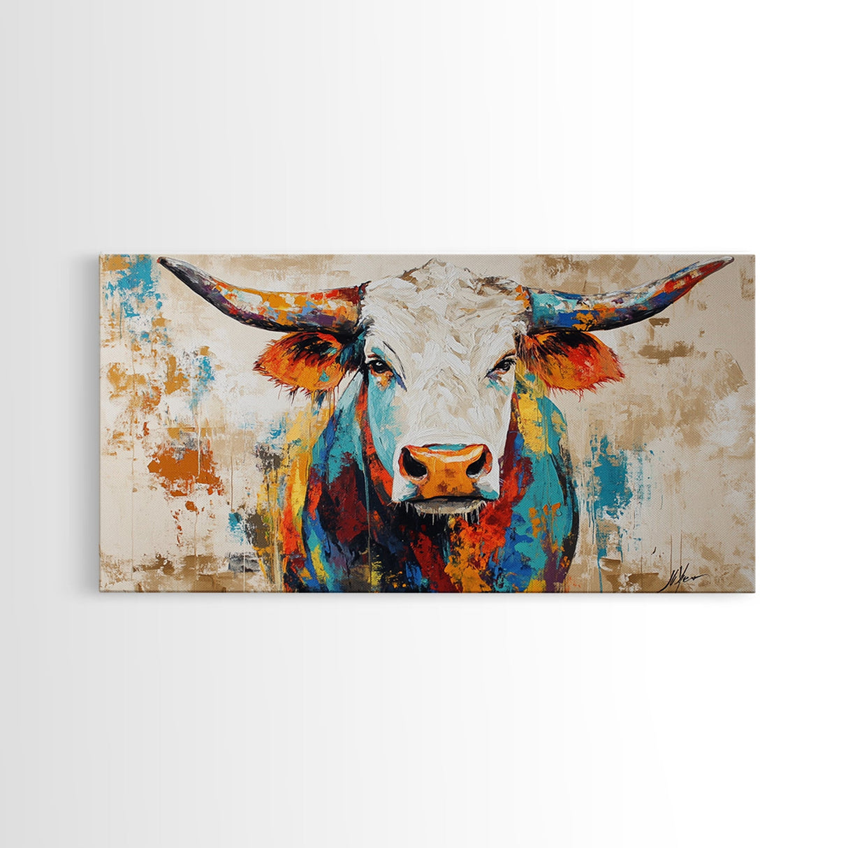 Vibrant Bull Art, rustic decor, extra wide art, farmhouse art, bold color wall art, southwestern painting, framed canvas print, modern rustic art
