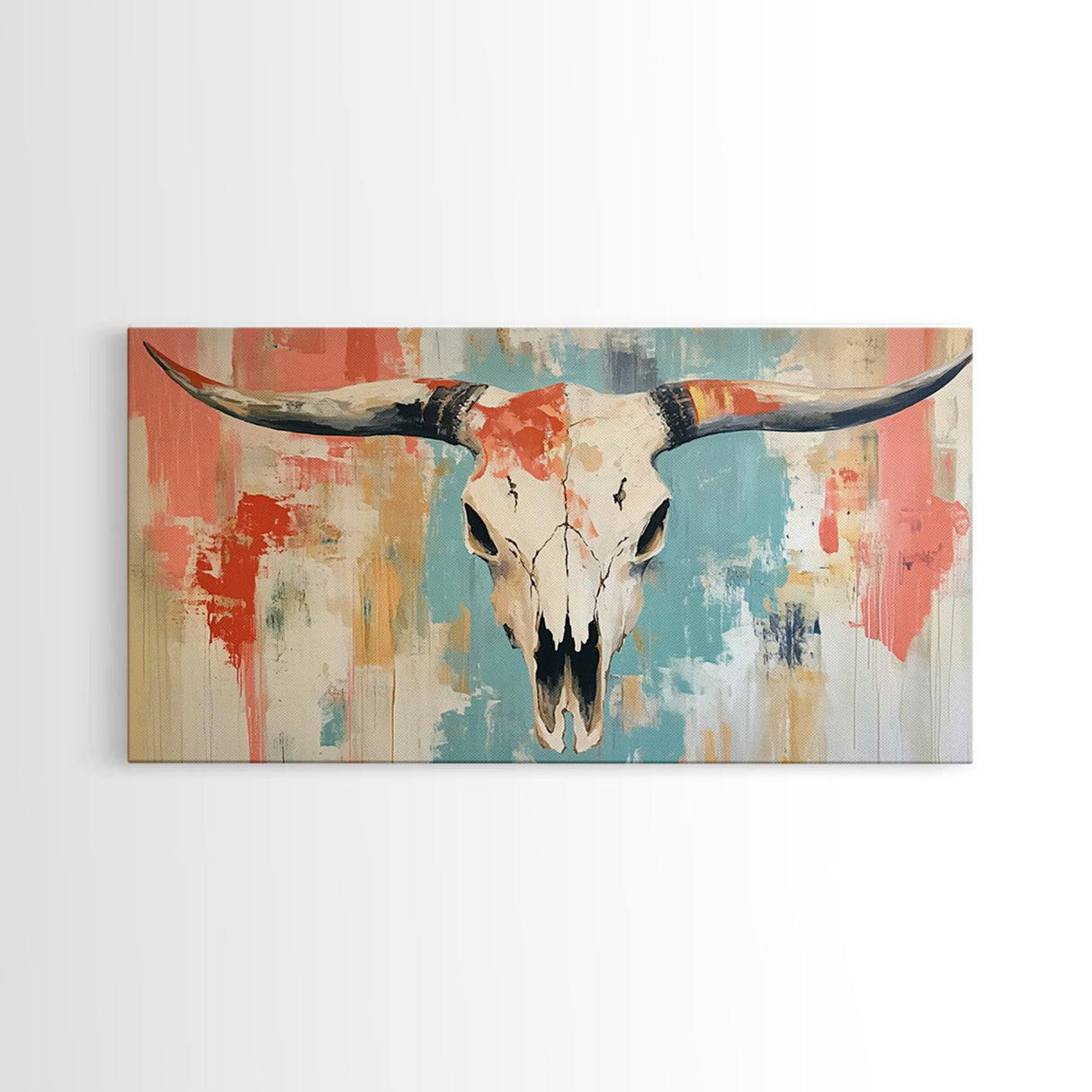 Longhorn Skull Art, southwest wall art, boho art, rustic decor, skull art, extra wide art, wabi sabi art, framed canvas print, farmhouse art