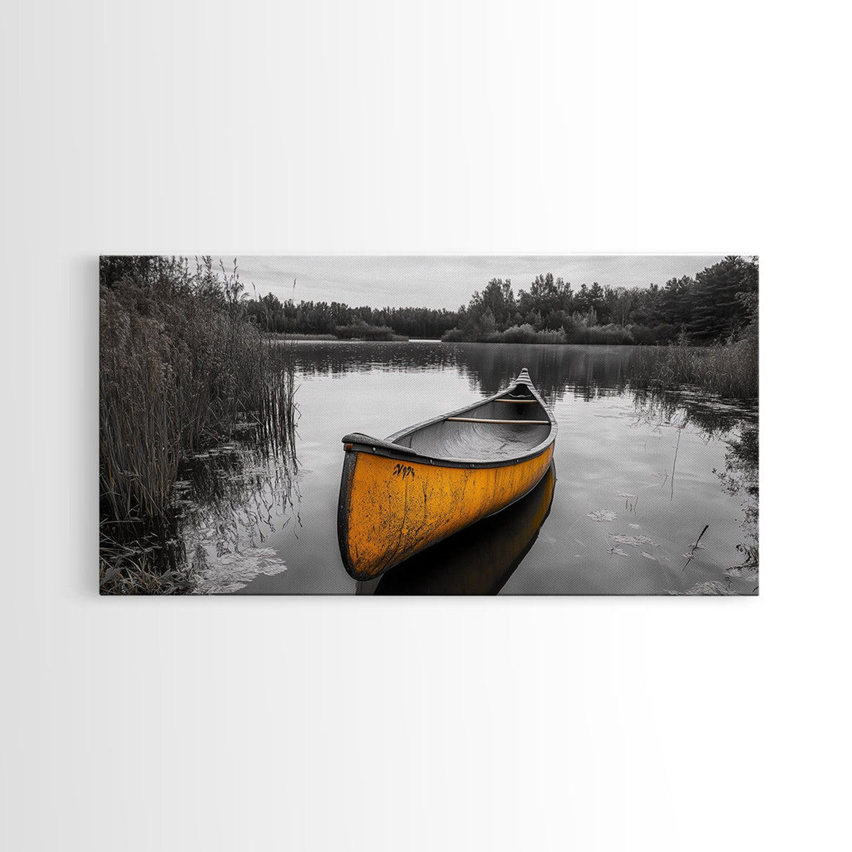 Rustic Canoe on Lake, coastal landscape art, lake Tahoe art, wabi sabi wall art, extra wide art, nautical decor, rustic art, Framed Canvas Print