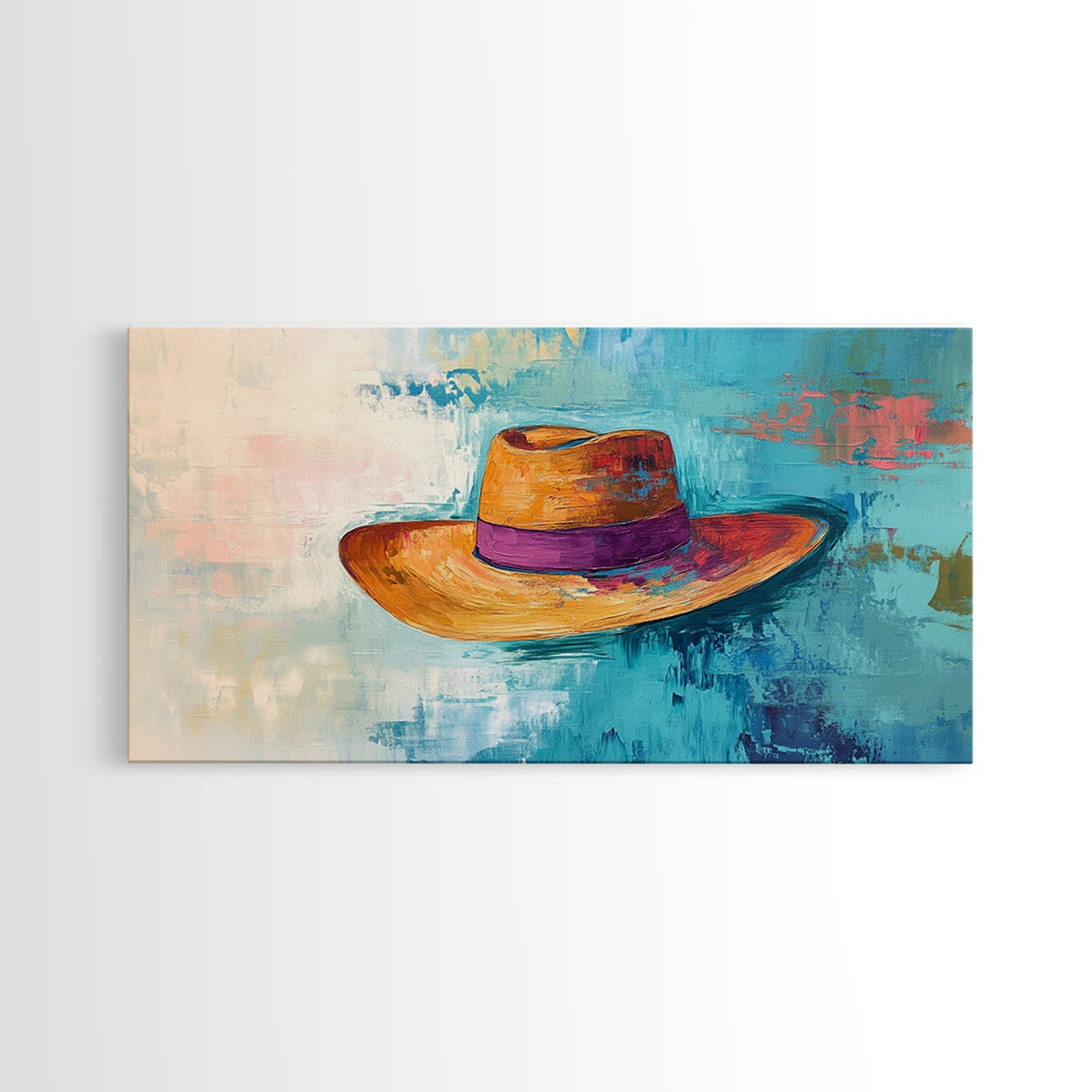 Western Hat, Boho Art, Rustic Wall Art, Southwest Art, Moody Painting, Extra Wide Art, Minimalist Art, Framed Canvas Print