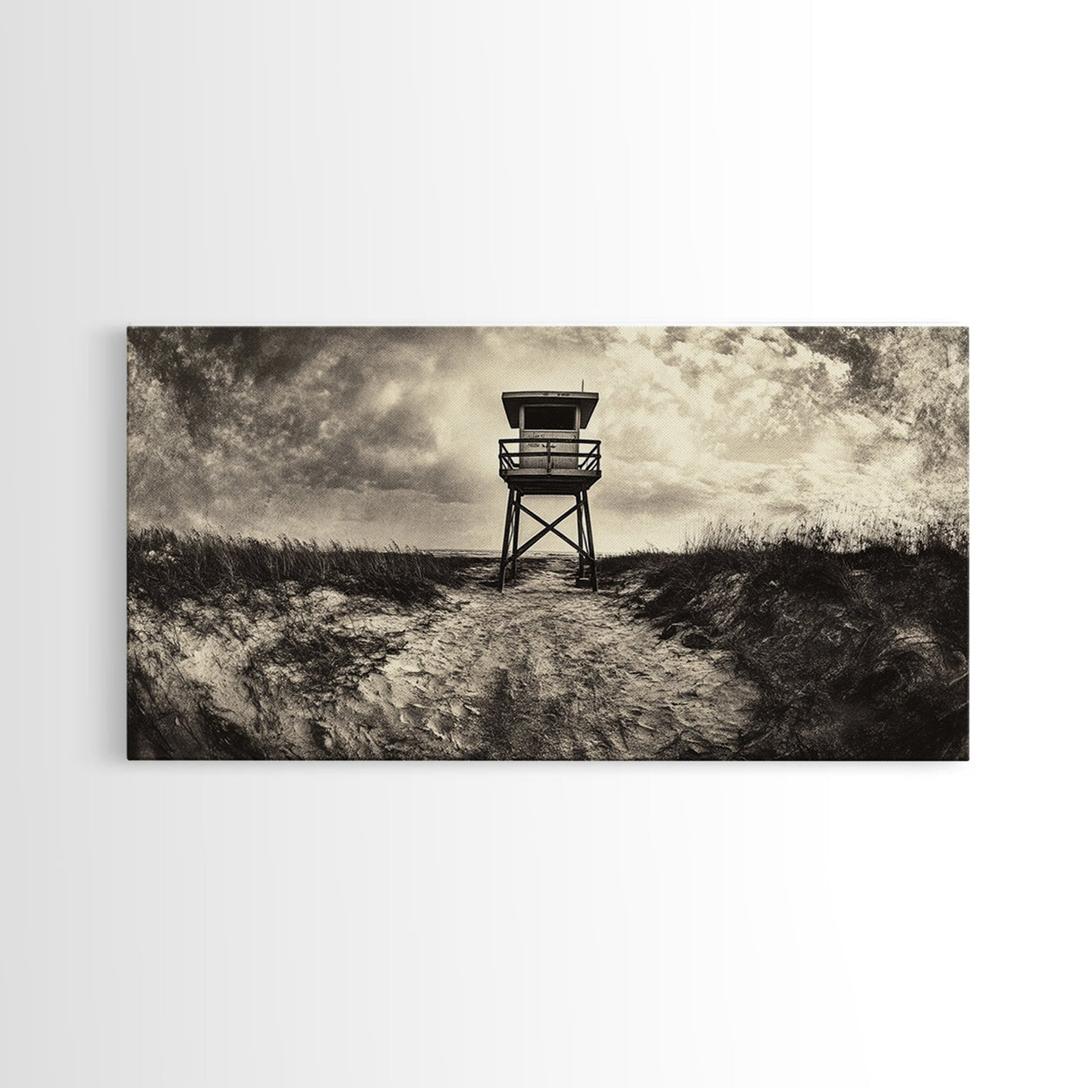 Lifeguard Tower, Coastal Landscape Art, Wabi Sabi Art, Rustic Decor, Moody Art, Nautical Wall Art, Canvas Print