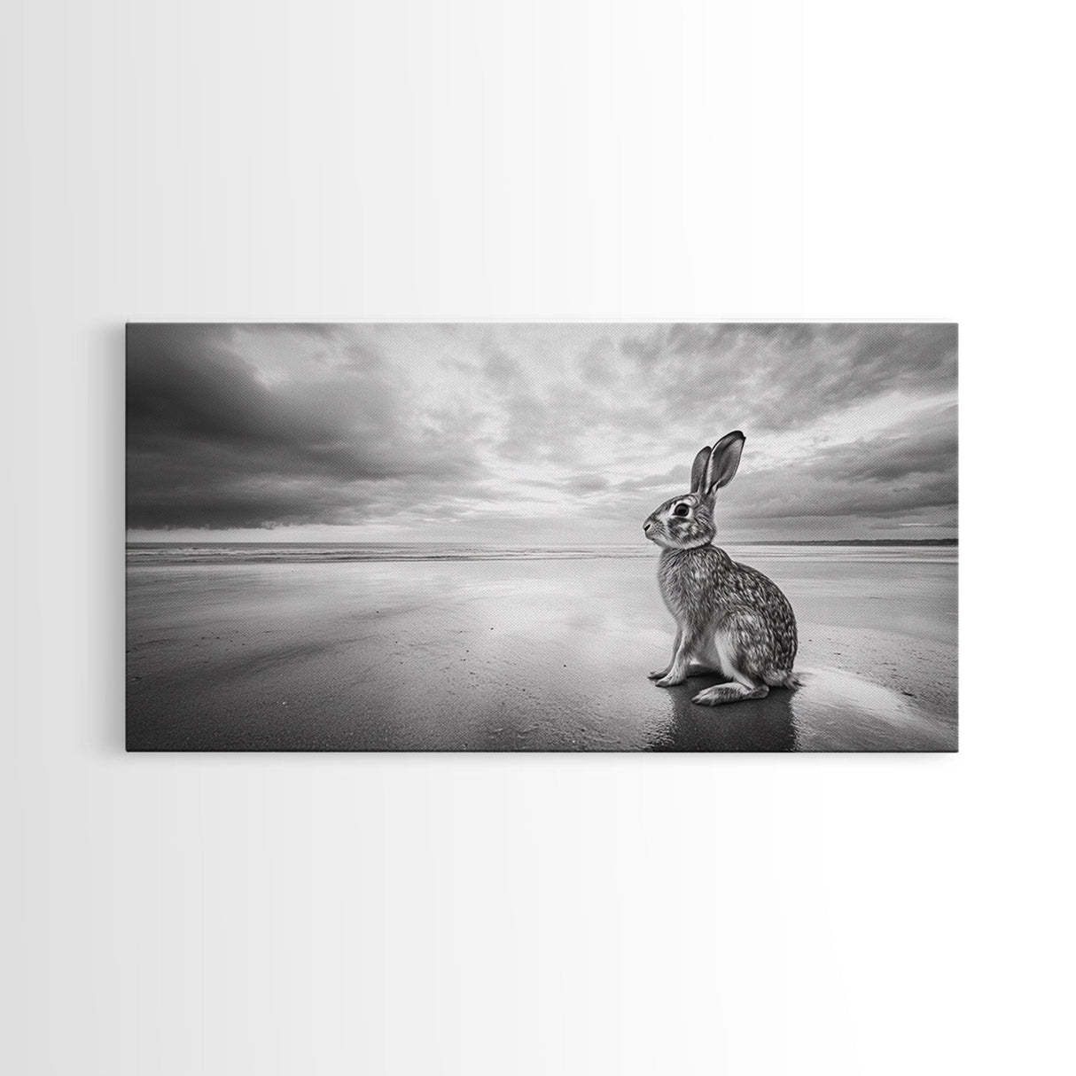 Rabbit Beach, whimsical art, coastal decor, animal painting, nature wall art, moody art, soft neutral tones, beach photography, Canvas Print