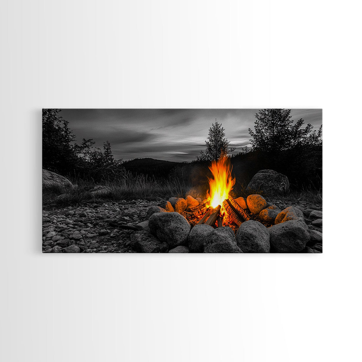 Rustic Campfire Art Framed Canvas Print | Moody Art | Cozy Cabin Wall Art | Above Couch Art | Warm Fireplace Decor | Gift Idea | Fall Wall Art