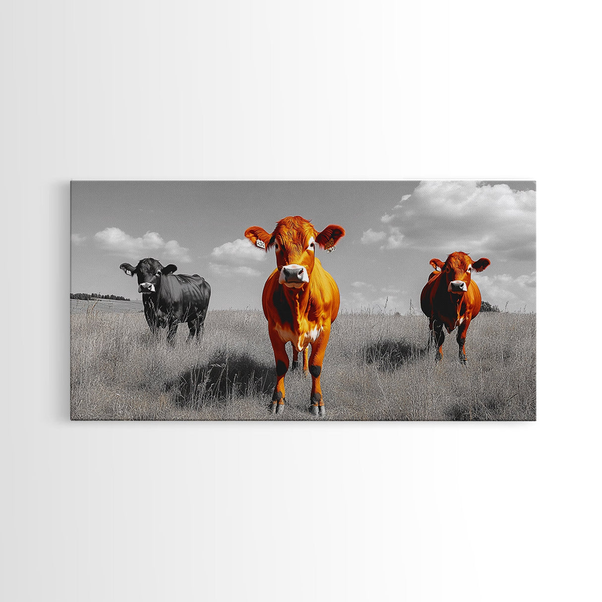 Highland Cows Canvas Print | Rustic Farmhouse Art | Black and White Cattle Painting | Moody Art | Above Sofa Wall Art | Extra Wide Art
