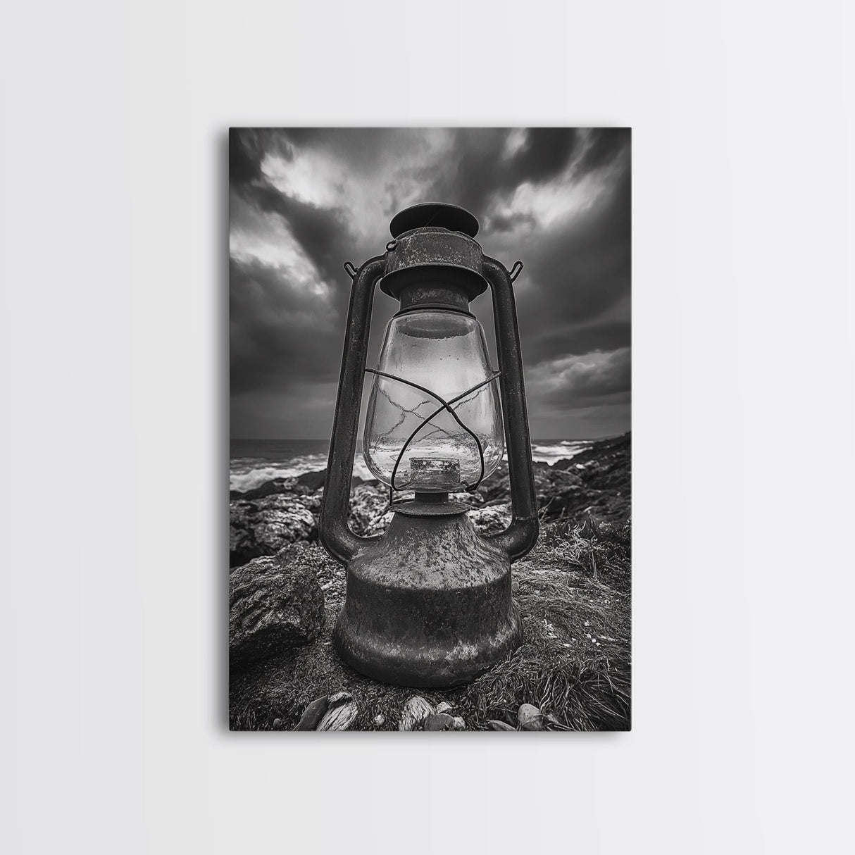 Stormy Lantern by the Sea, nautical decor, moody art, seascape painting, coastal painting, rustic wall art, framed canvas print