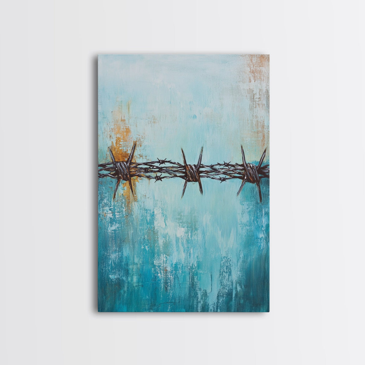 Barbed Wire, southwest wall art, rustic decor, teal wall art, minimalist art, original painting, gift idea for him, canvas print