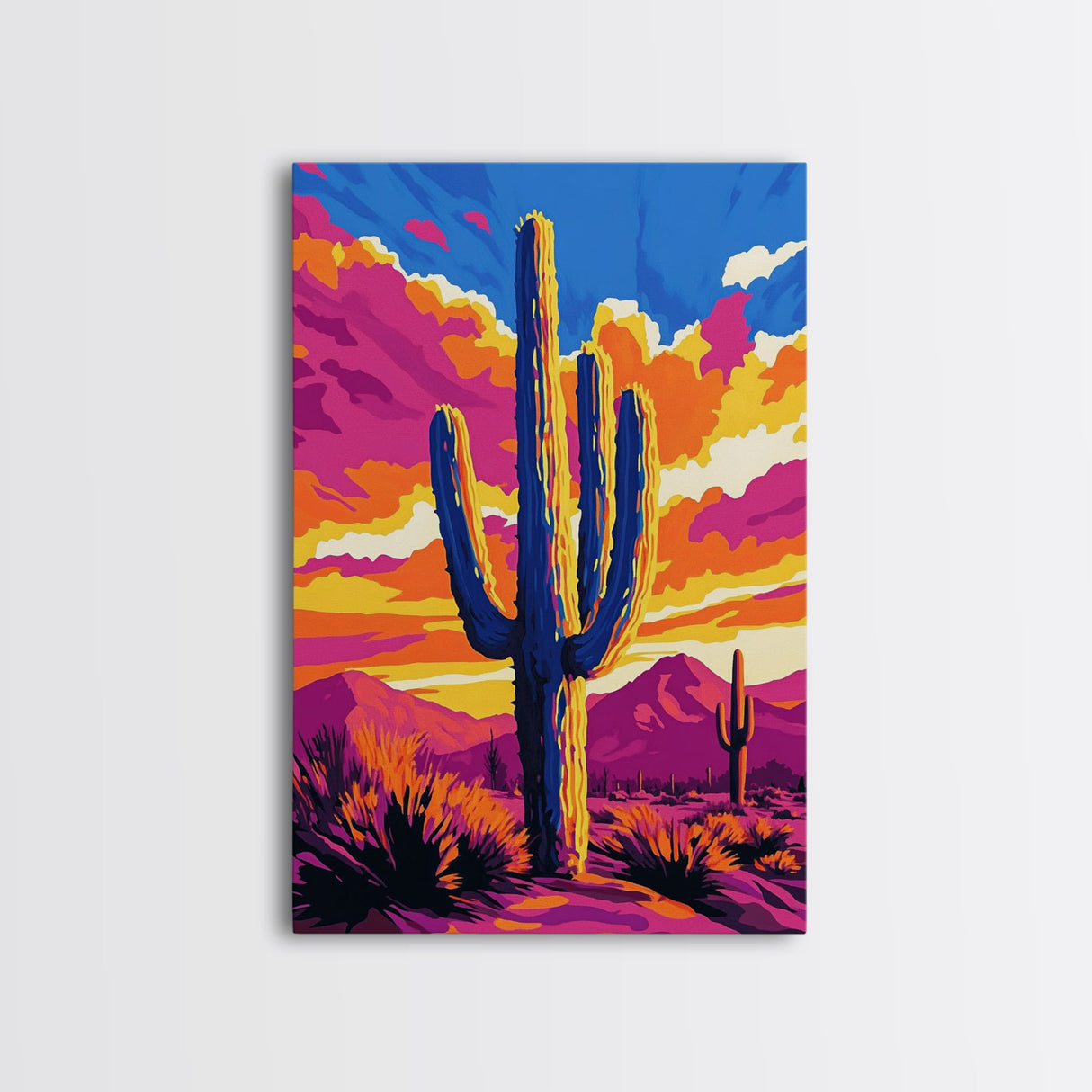 Southwest Cactus Art, Desert Wall Decor, Pink Orange Wall Art, Bold Sunset Art, Framed Canvas Print, Gift Idea, Rustic Wall Art