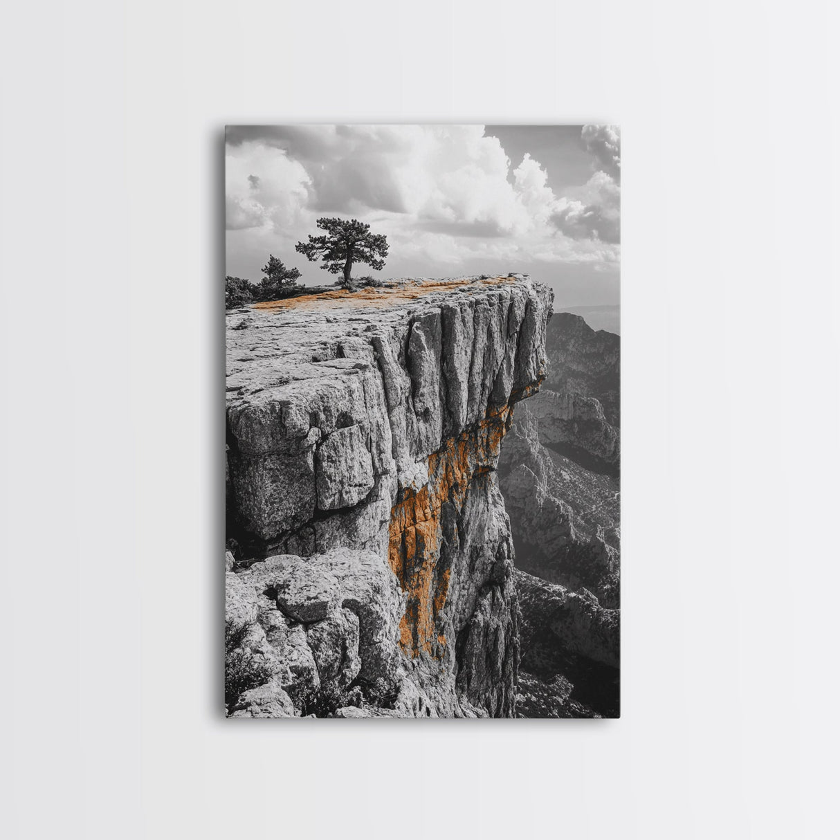 Cliffside View, Mountain Painting, Pine Tree Art, Nature Wall Art, Landscape Painting, Rustic Art, Framed Canvas Print, Moody Art
