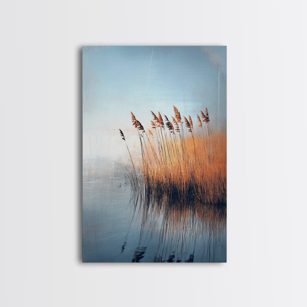 Lake Reeds Reflection, wabi sabi art, minimalist art, coastal decor, coastal landscape art, nautical painting, Framed Canvas Print