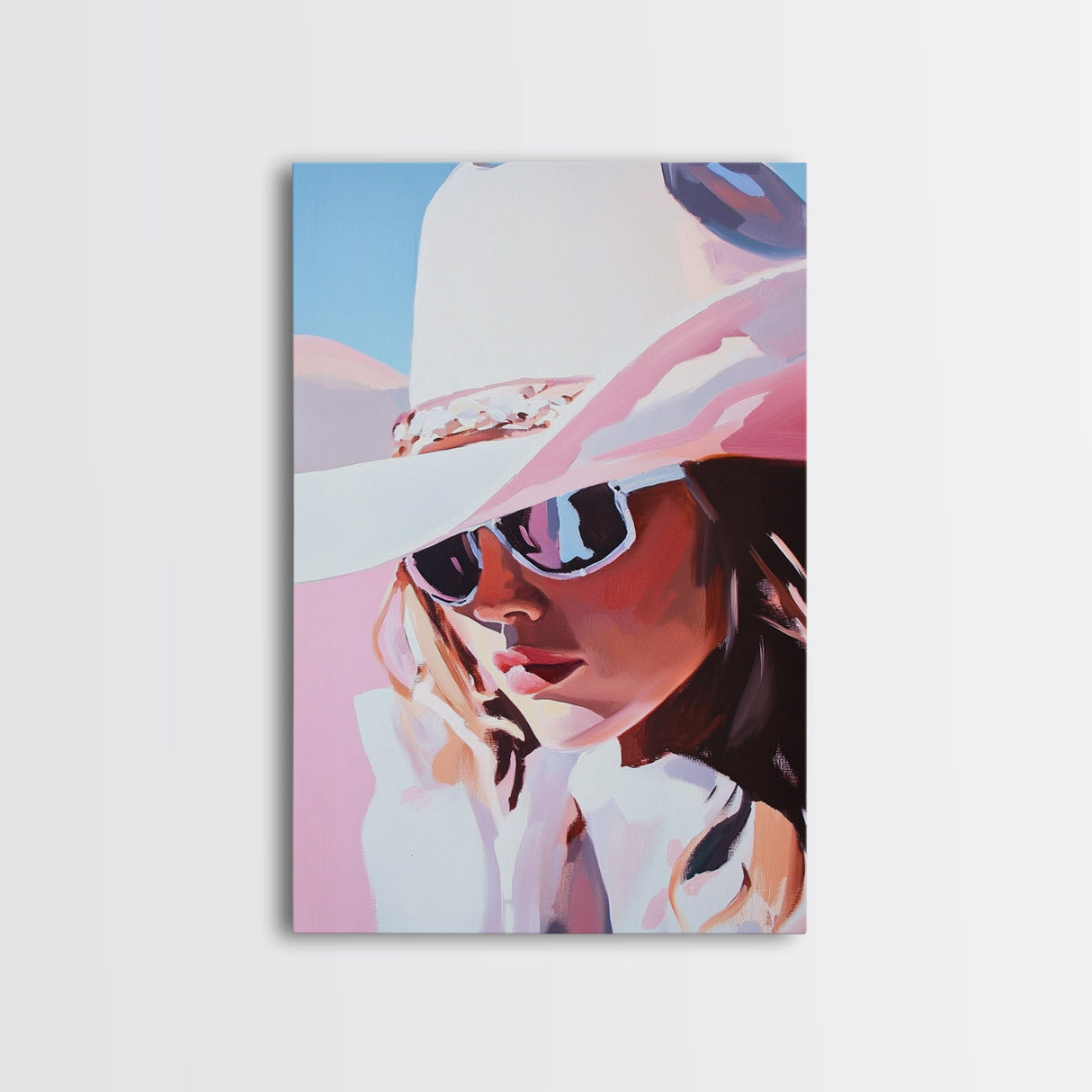 Pink Cowgirl Portrait, black cowgirl painting, western art, pink wall art for dorm, rustic decor, framed canvas print, gift idea for her