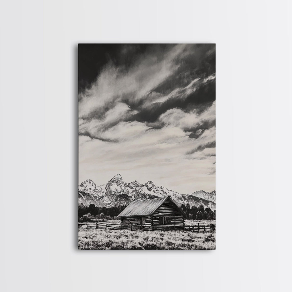 Rustic Cabin, Smoky Mountain Art, Black and White Landscape, Western Wall Art, Wabi Sabi Art, Farmhouse Decor, Canvas Print