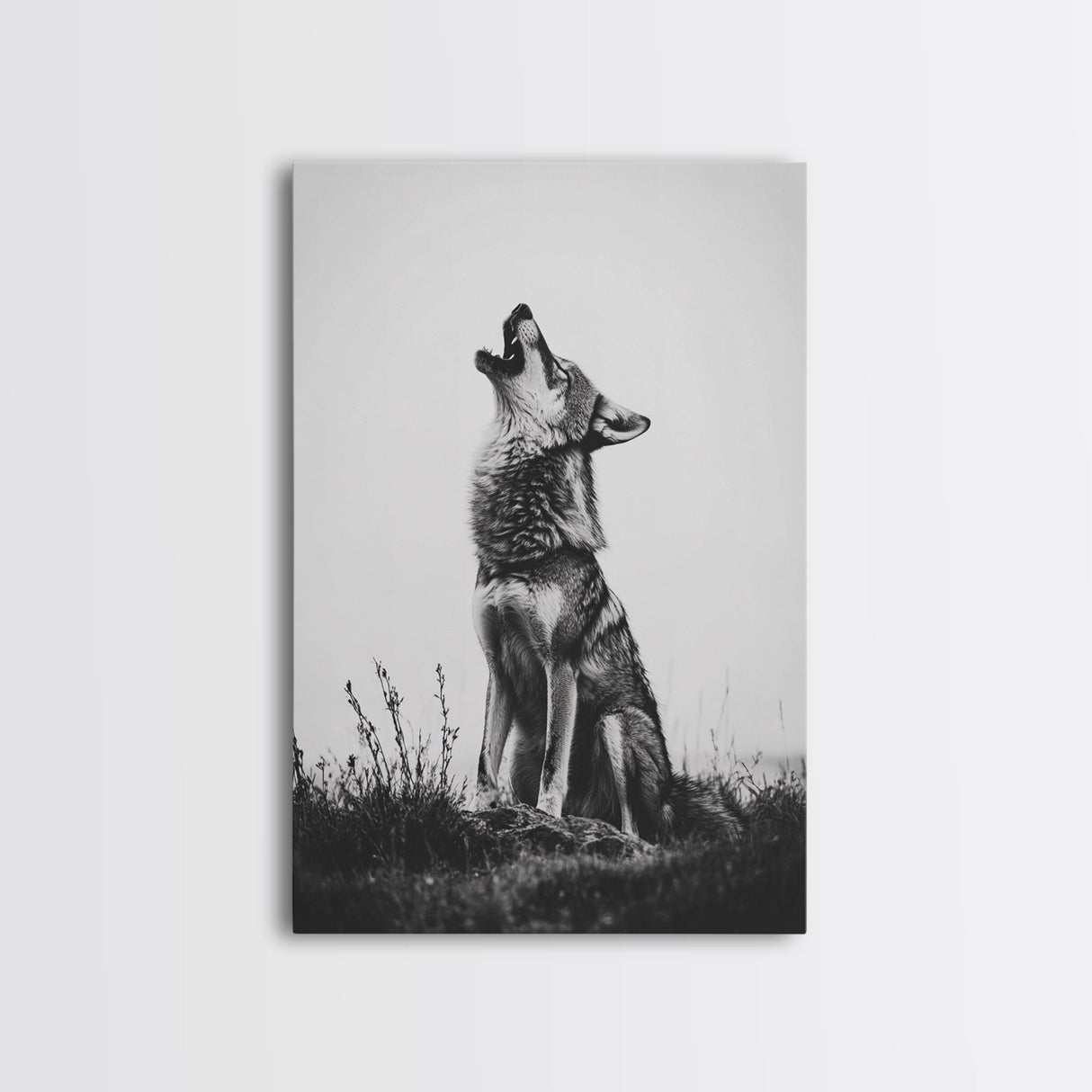 Howling Wolf, wildlife art, moody art, rustic decor, nature photography, black and white animal print, framed canvas print, minimalist art