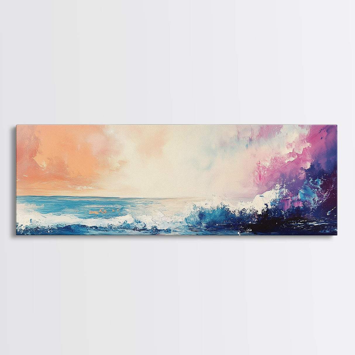Ocean Sunset Waves, coastal painting, seascape painting, nautical wall art, pink orange wall art, extra wide art, Canvas Print