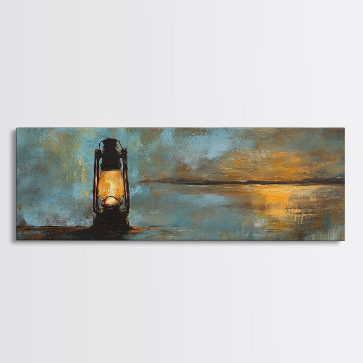 Lantern, rustic art, moody art, oil painting, long narrow wall art, extra wide art, above sofa art, Framed Canvas Print
