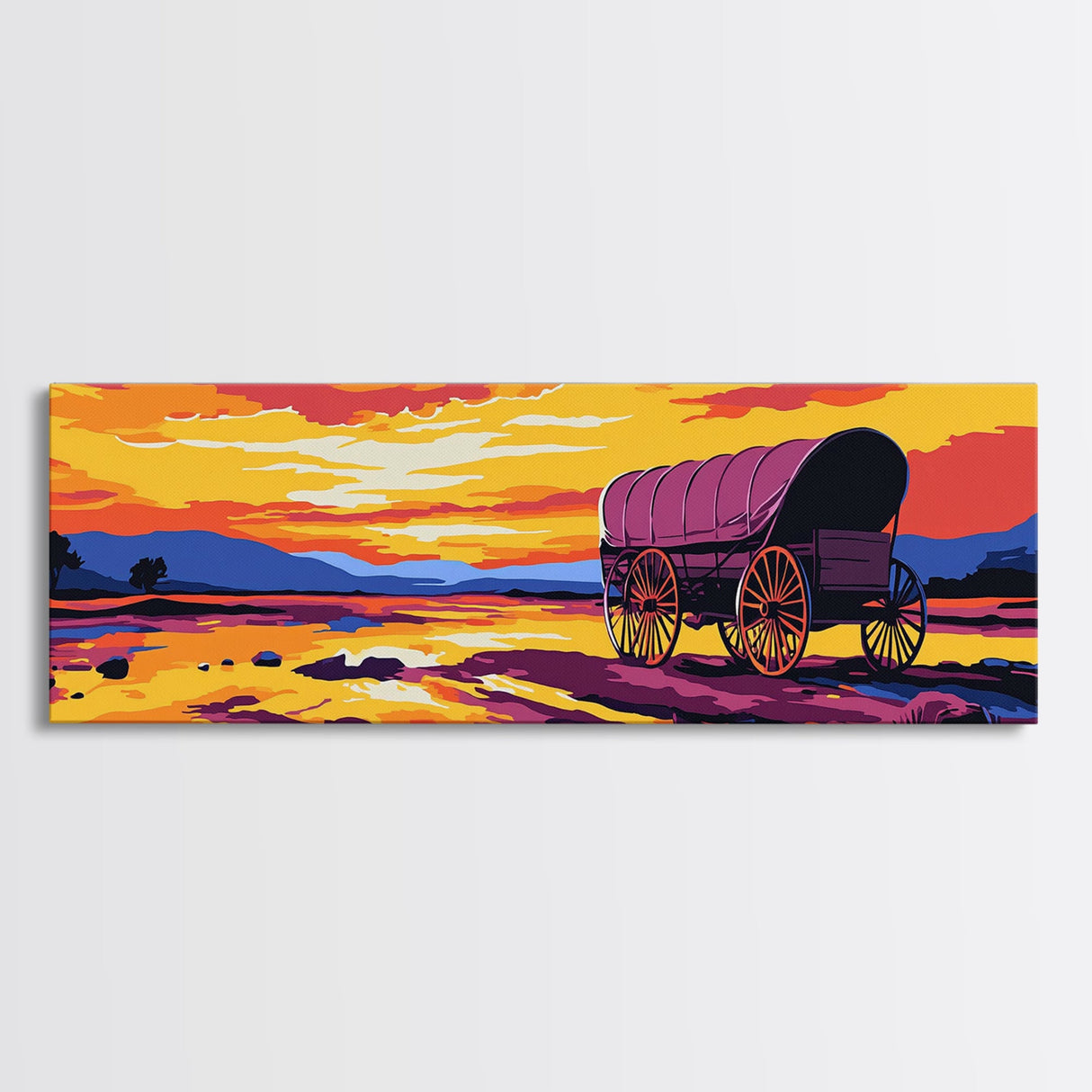 Wagon at Sunset, pink orange wall art, rustic decor, mountain painting, panoramic art, extra wide art, Framed Canvas Print, gift idea