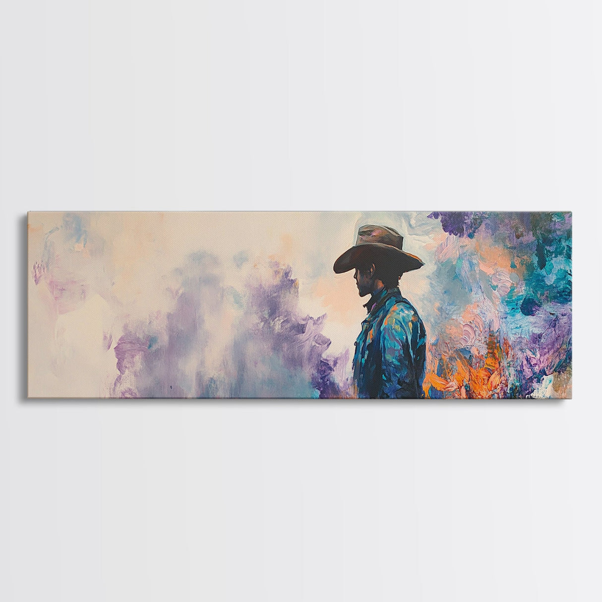 Lone Cowboy Painting, Panoramic Art, Rustic Decor, Framed Canvas Print, Blue and Green Wall Art, Moody Art, Southwest Wall Art