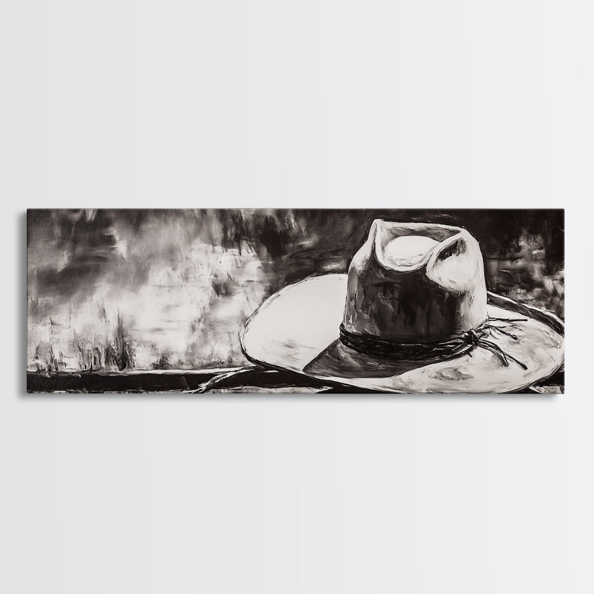 Western Hat Art, Black and White Art, Framed Canvas Print, Rustic Wall Art, Wabi Sabi Art, Extra Wide Art, Minimalist Art