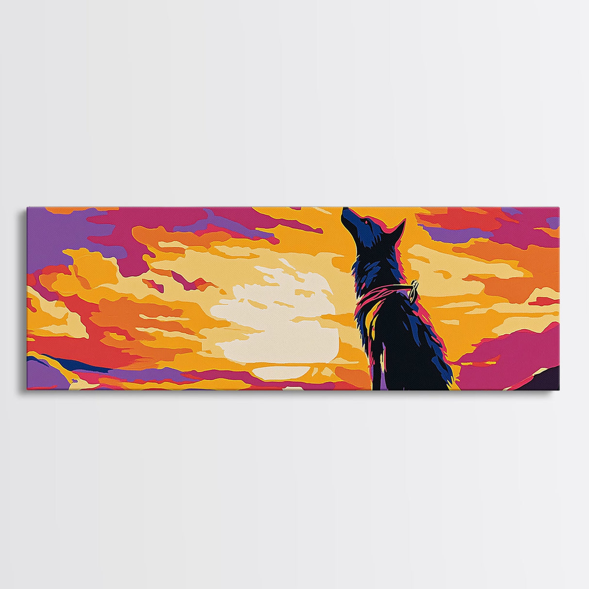 Colorful Wolf Art, sunset animal painting, moody art, pink orange wall art, extra wide art, framed canvas print, panoramic painting