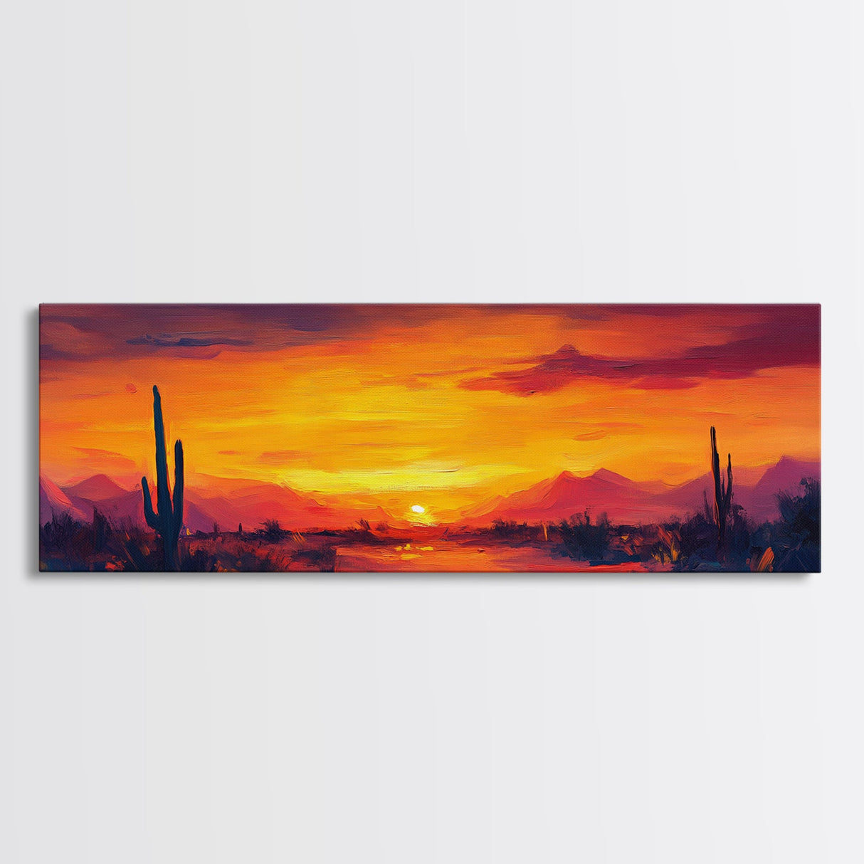 Sunset Cactus Art, southwest wall art, desert landscape painting, extra wide art, panoramic painting, framed canvas print, rustic decor, horizontal wall art