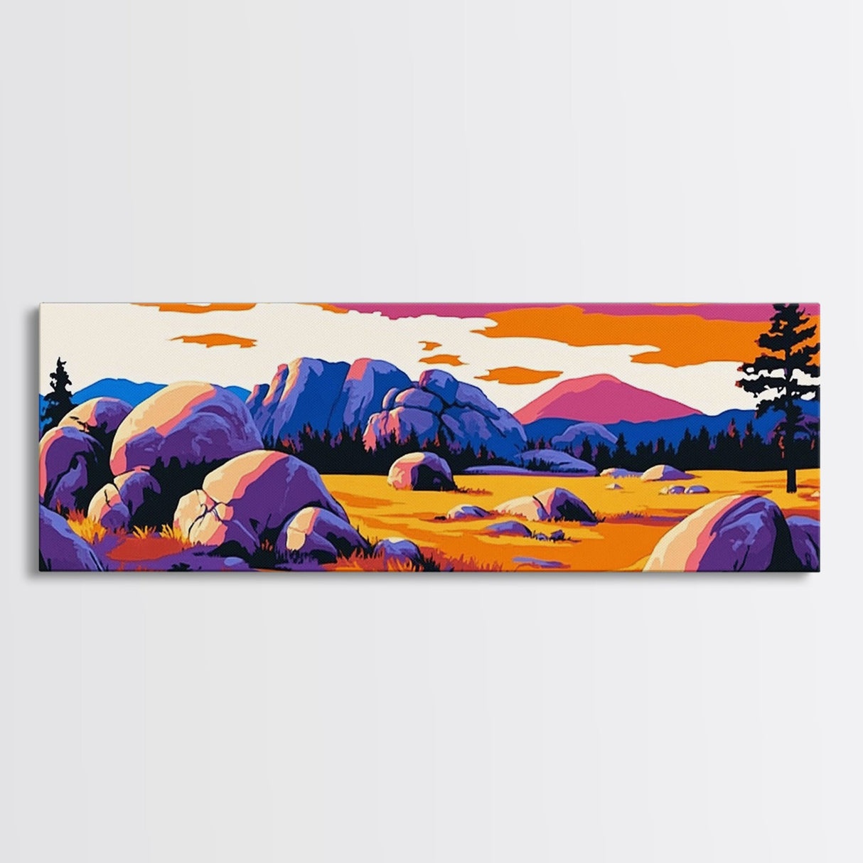 Southwest landscape, sunset painting, Joshua tree art, pink orange wall art, extra wide art, rustic decor, framed canvas print