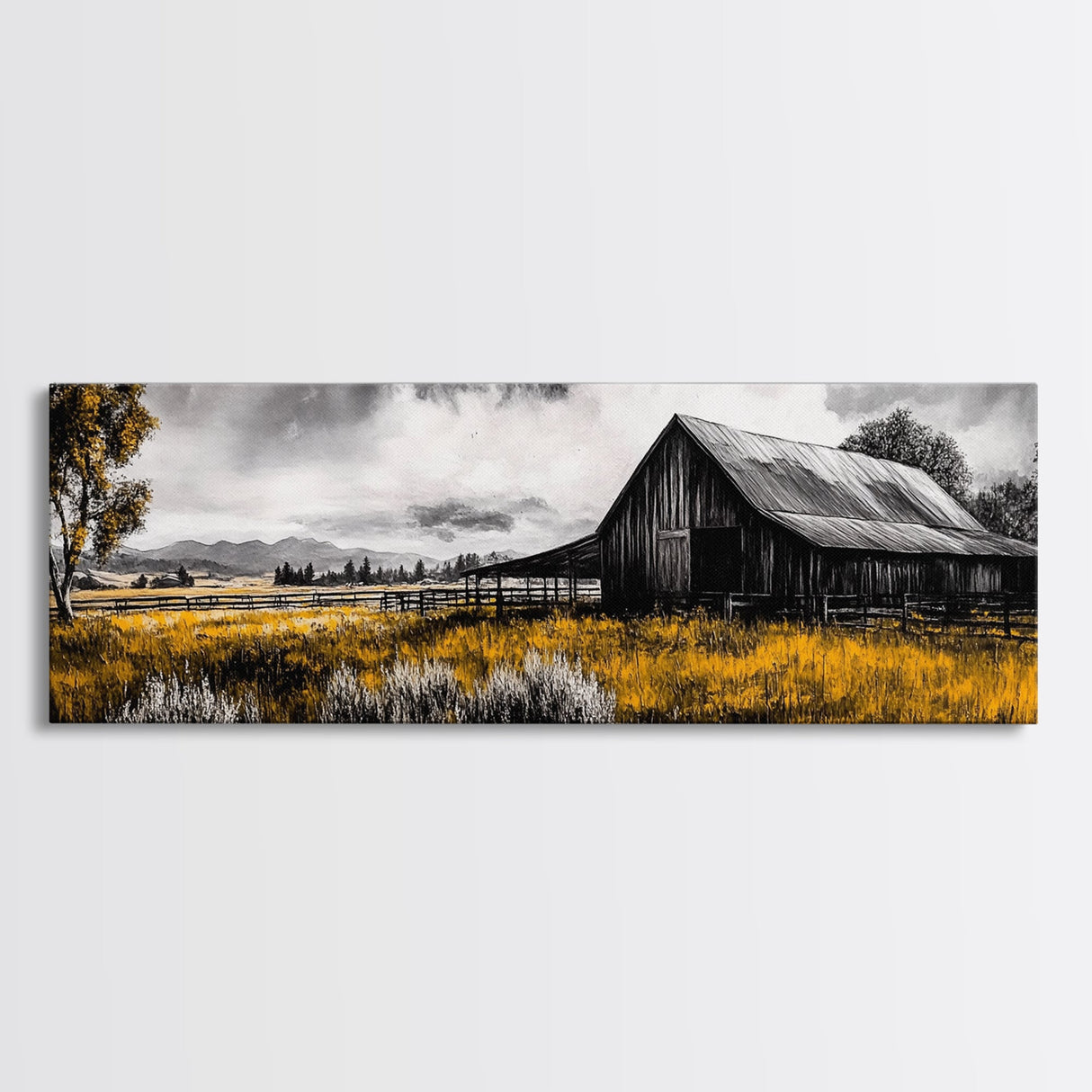 Western Ranch, barn landscape oil painting, rustic decor, farmhouse art, extra wide art, framed canvas print, above couch wall art