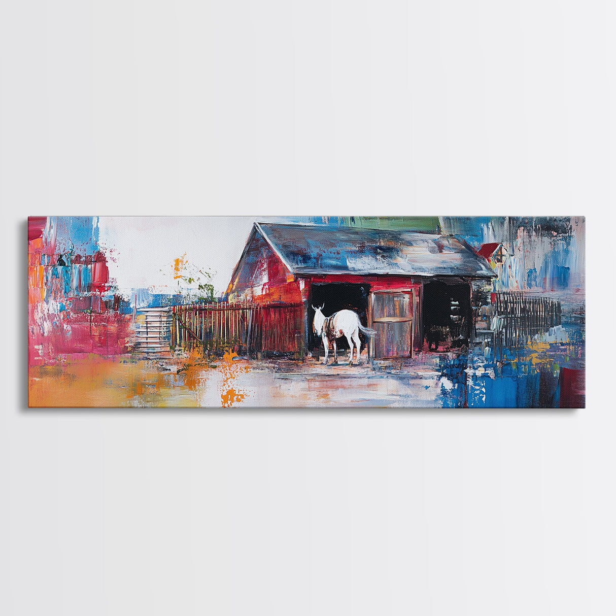 Abstract Barn, barn landscape oil painting, farmhouse art, rustic wall art, extra wide art, framed canvas print, colorful decor
