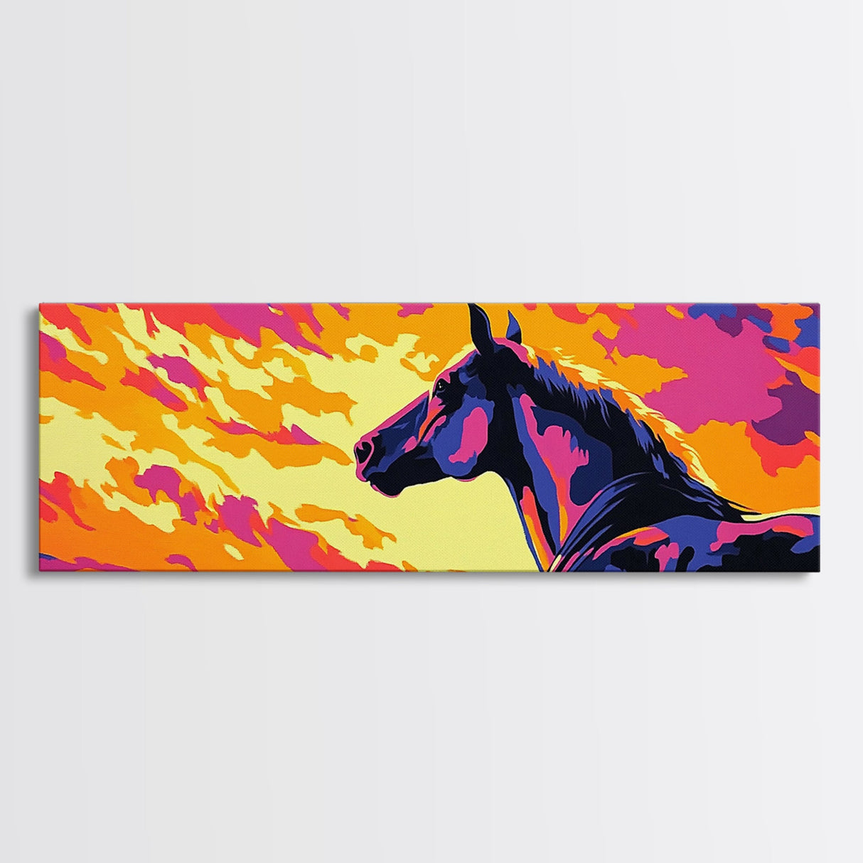 Wild horse, southwest wall art, pink orange wall art, geometric wall art, extra wide art, framed canvas print, panoramic painting, boho art