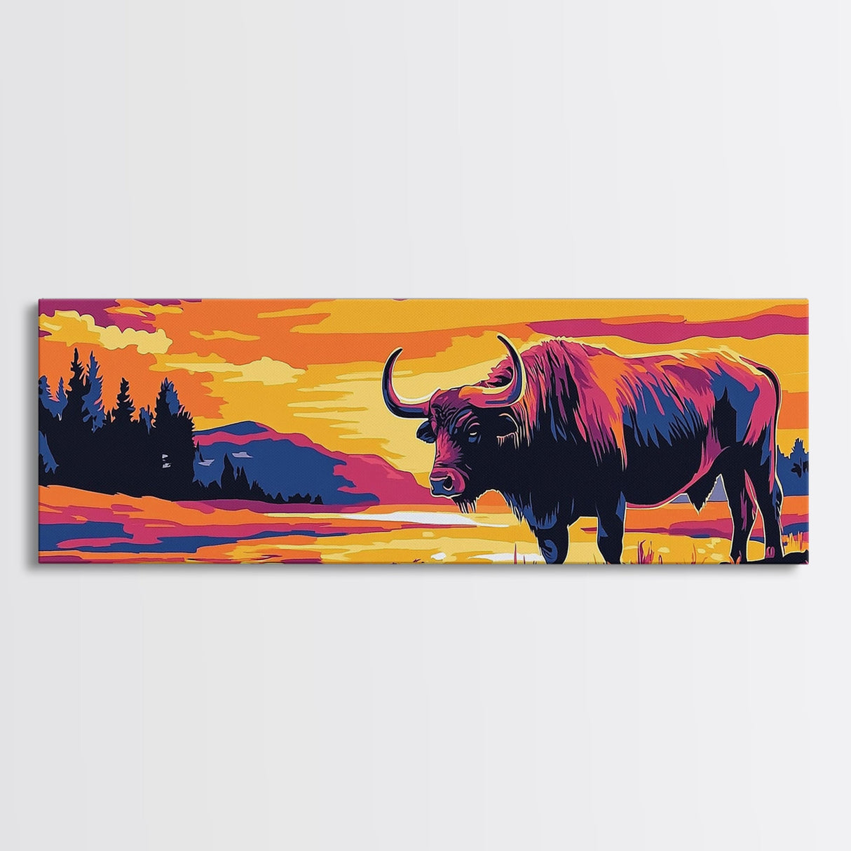 Buffalo painting, colorful animal art, rustic decor, extra wide art, framed canvas print, southwest wall art, landscape painting, wild west art