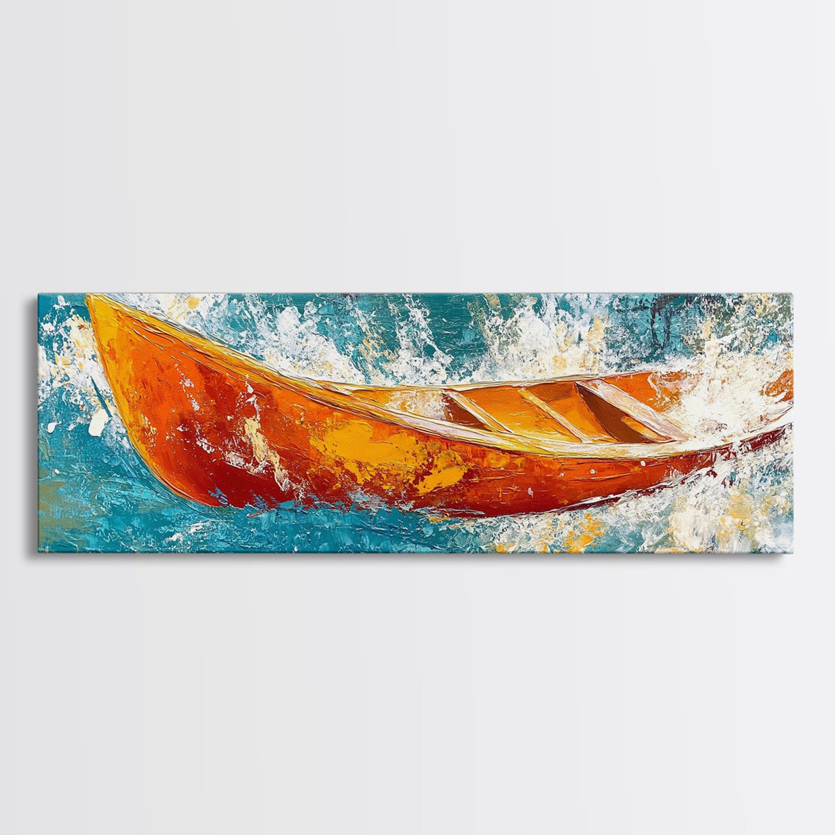 Boat in Waves, coastal wall art, nautical painting, extra wide horizontal art, ocean decor, farmhouse art, framed canvas print