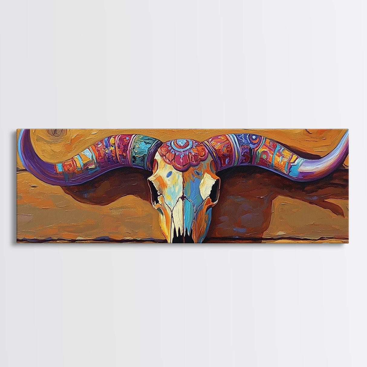 Painted Skull, bull and bear art, rustic decor, extra wide art, southwest wall art, pink orange wall art, framed canvas print