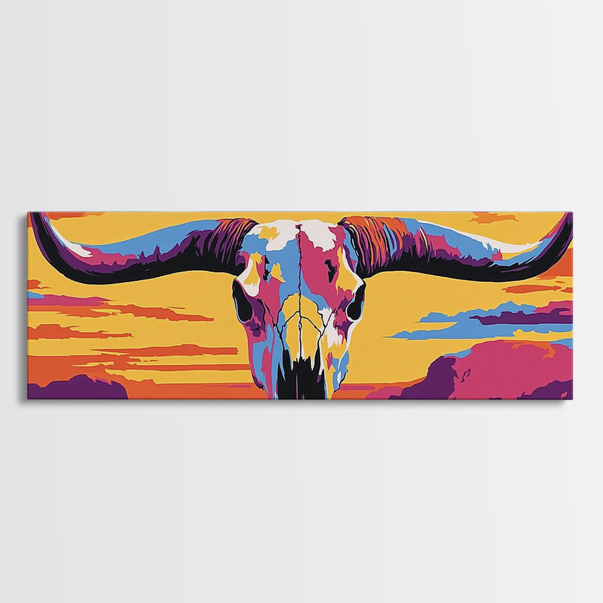 Longhorn Skull, southwest wall art, bull and bear art, pink orange wall art, extra wide art, Framed Canvas Print, rustic decor