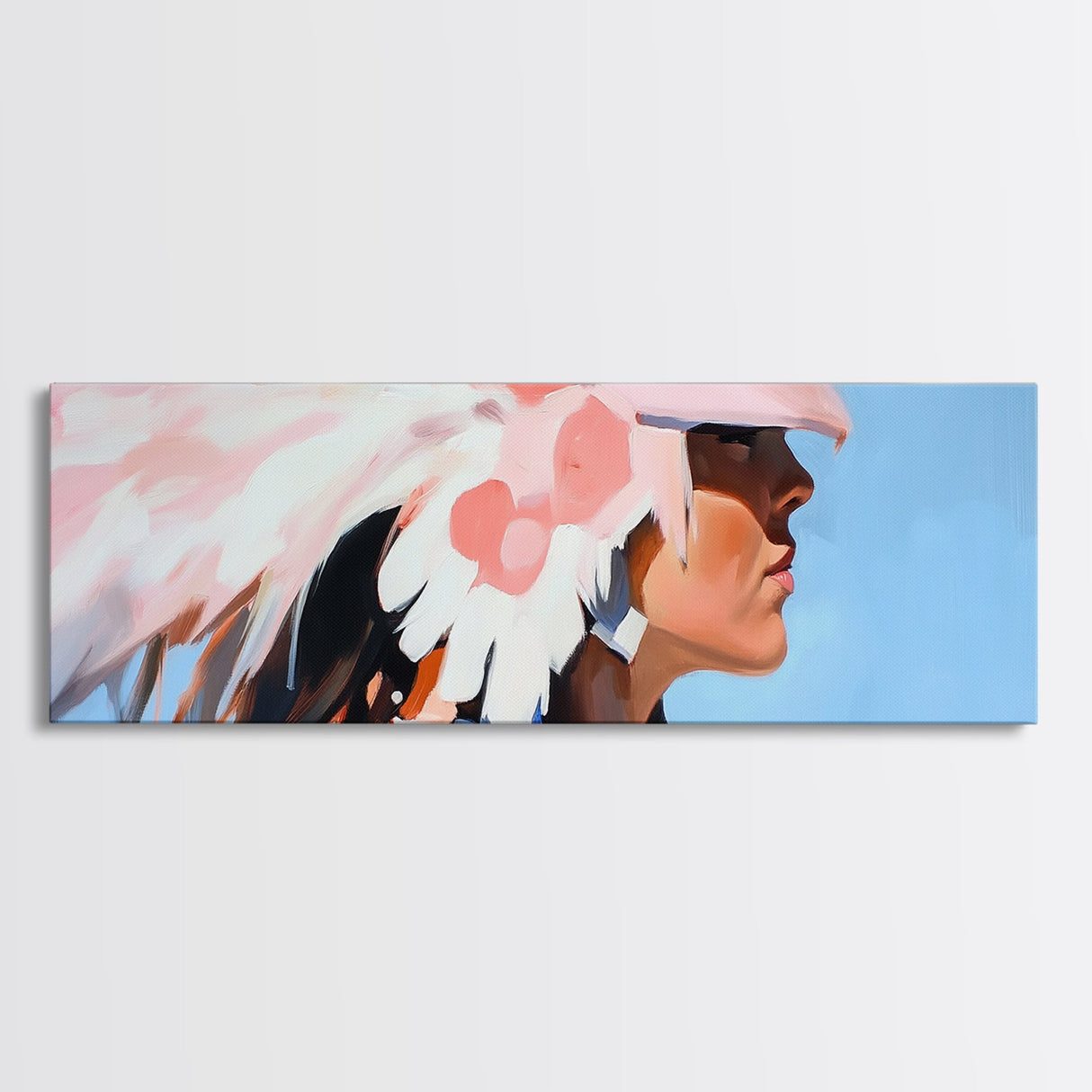 Pink Headdress, modern portrait, southwest wall art, moody art, framed canvas print, light pink wall art, gift idea for her