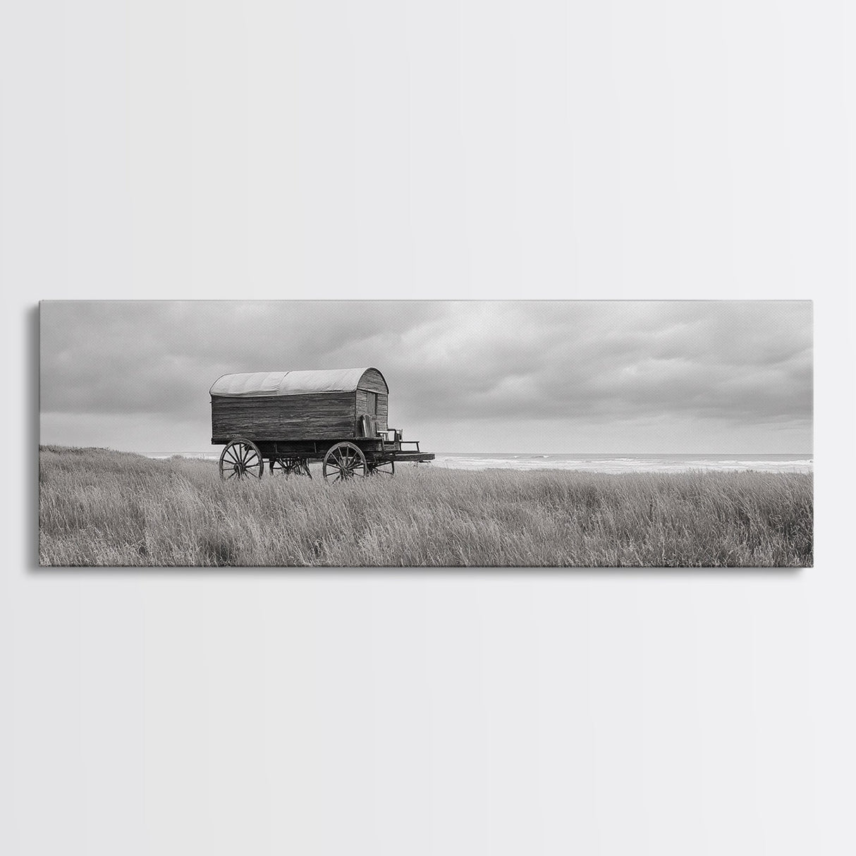 Coastal Wagon, Wabi Sabi Art, Canvas Print, Coastal Landscape Art, Rustic Wall Art, Extra Wide Art, Moody Art, Above Couch Art