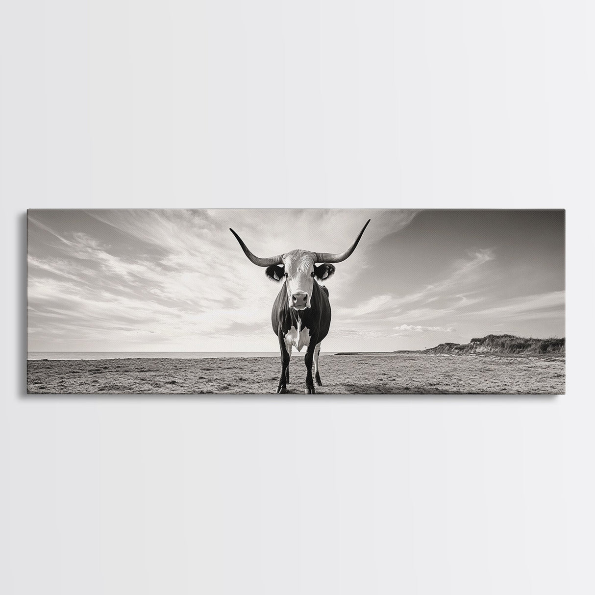 Longhorn, western landscape, bull and bear art, panoramic art, extra wide art, rustic wall art, framed canvas print, farmhouse decor, moody art