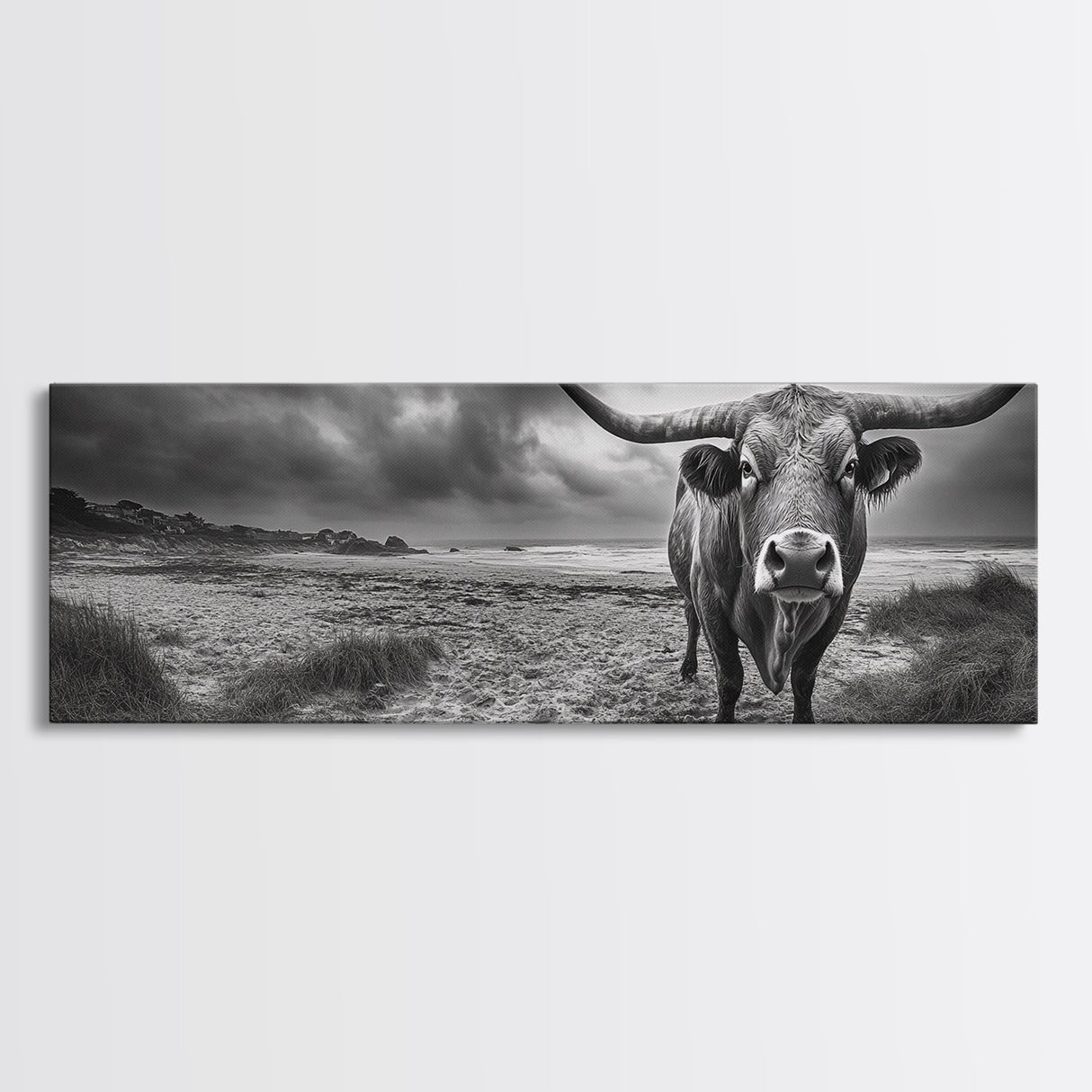 Bull on Beach, bull and bear art, moody art, coastal cowgirl wall art, dark romance painting, farmhouse art, framed canvas print