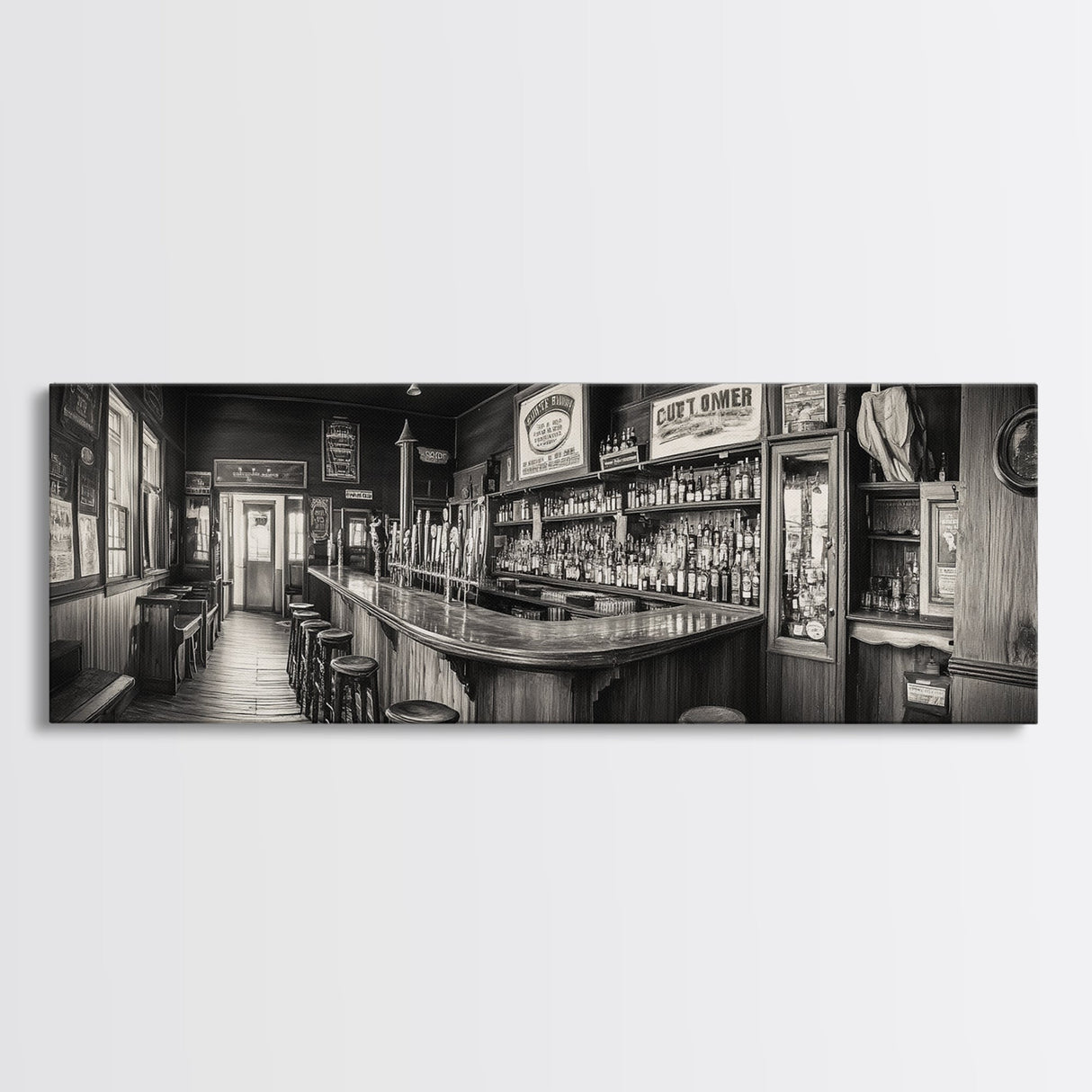 Western Saloon, rustic wall art, extra wide art, panoramic art, farmhouse art, bar decor, moody art, framed canvas print, above sofa art