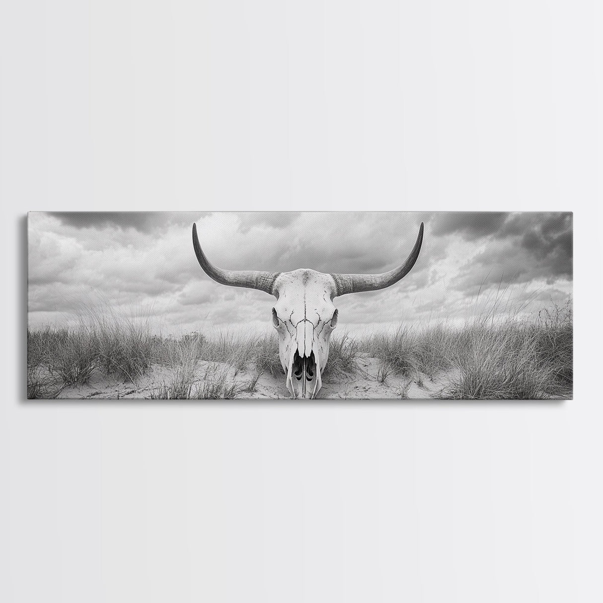 Longhorn Skull, skull art, western wall art, rustic decor, moody art, desert painting, farmhouse art, panoramic art, framed canvas print